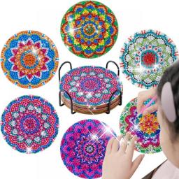 SDOYUNO 6pc/sets DIY Diamond Painting Coaster With Holder Handmade Crystal Rhinestone Cup Mandala Diamond Drill Point Coasters
