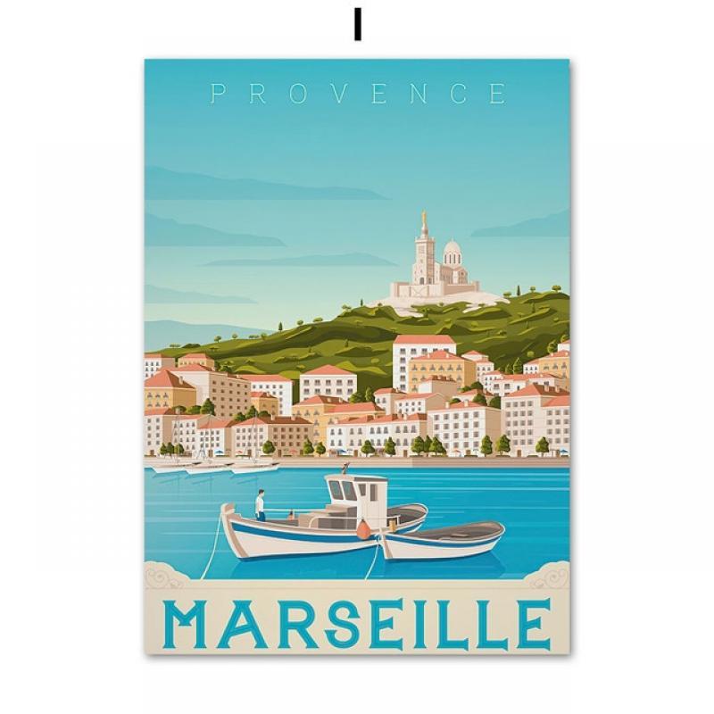 Colored Travel City Landscape Illustration Canvas Painting France Nice Paris Monaco Nantes Poster Nordic Art Wall Decor