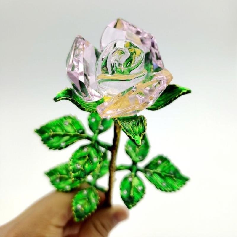 Crystal Rose Vase Figurine Golden Green Leaves Rose Ornament Home Decor Birthday Wedding Gift