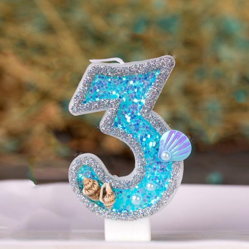 Birthday Candle 1 Year Mermaid Birthday Candle for Cake Sparkly Blue Seafish Candle Topper for Party Decorations Supplies