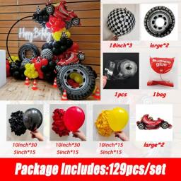 129pcs Racing Car Tyre 4D Black White Checked Foil Balloon With Latex Ballons Garland Kit Boys Birthday Sports Event Party Decor