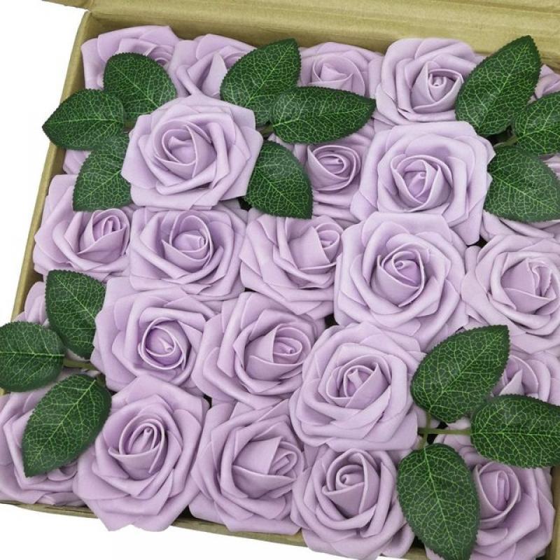 Mefier 25/50Pcs Rose Artificial Flowers Real Looking Lilac Fake Roses for Decorations Wedding Pale Purple Foam Rose with Stems