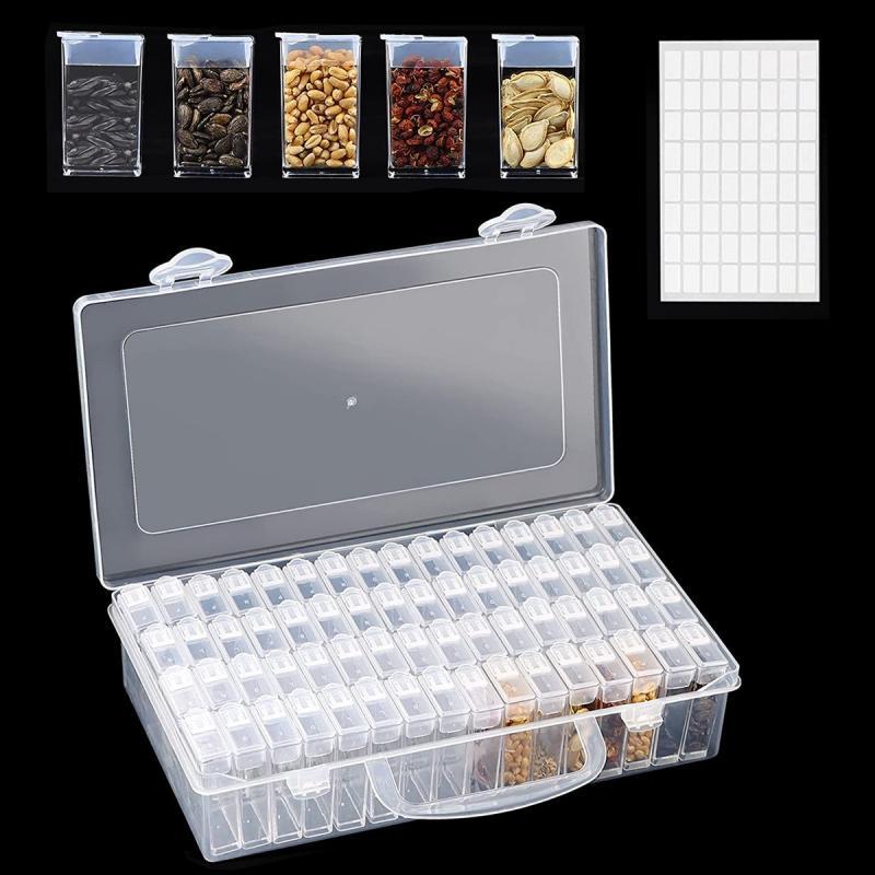 Plastic Seed Storage Box Reusable 64 Slots Seed Storage Organizer with Label Stickers Multi-Purpose Diamond Embroidery Storage