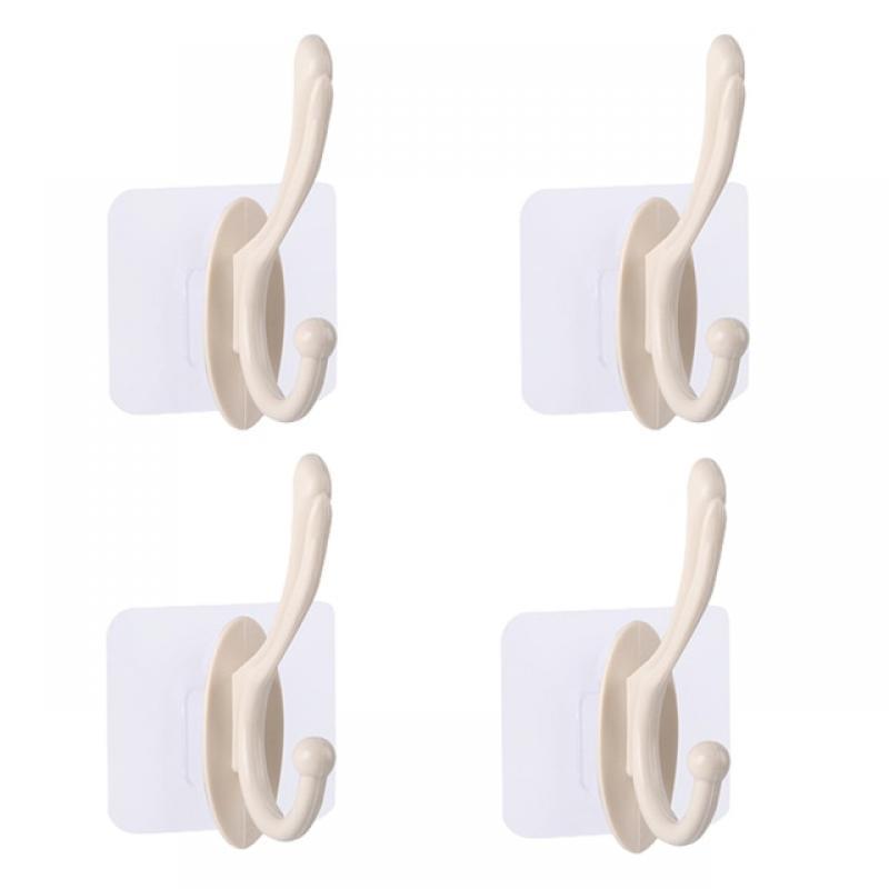 2/4pcs Stick-on Wall Hooks No-Drill Dual Hanger for Coats Clothes Bathroom Accessory Durable Punch-Free Adhesive Sturdy Hooks