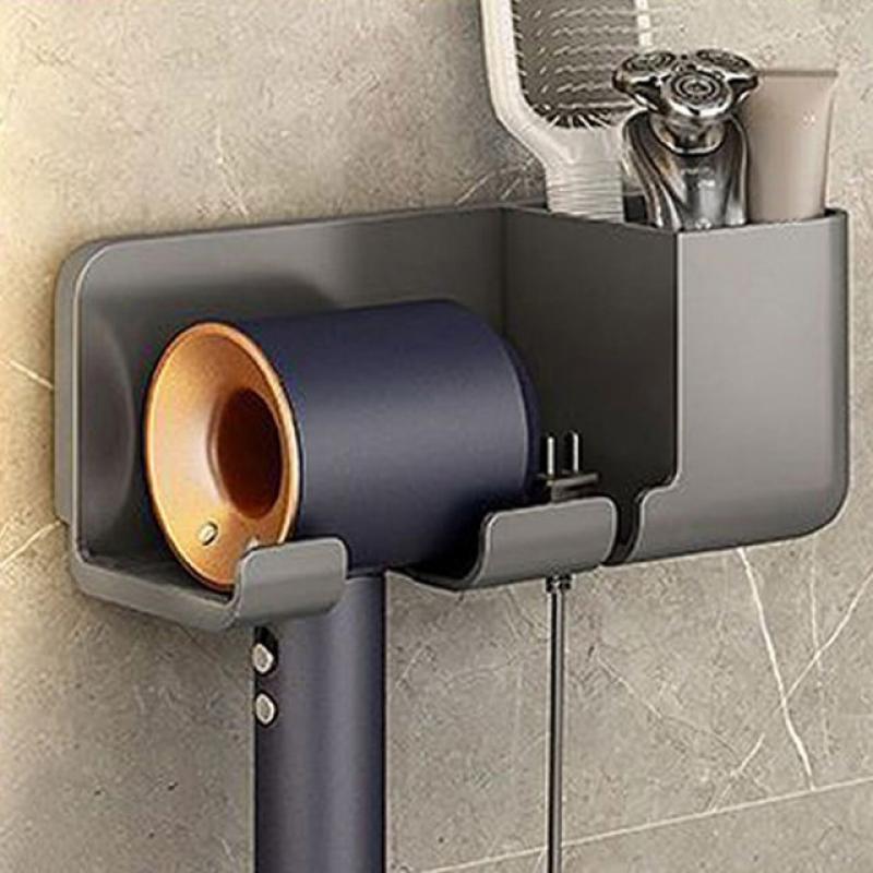 Punch-Free Bathroom Wall Mounted Hair Dryer Holder Storage Rack Self-adhesive Plastic Household Washroom Organization Shelves