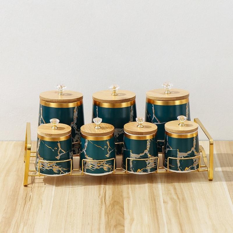 Family Creative Ceramic Seasoning Jar with Tray Kitchen Salt Cumin Sugar Pepper Seasoning Jar Spice Herb Nut Storage Containers