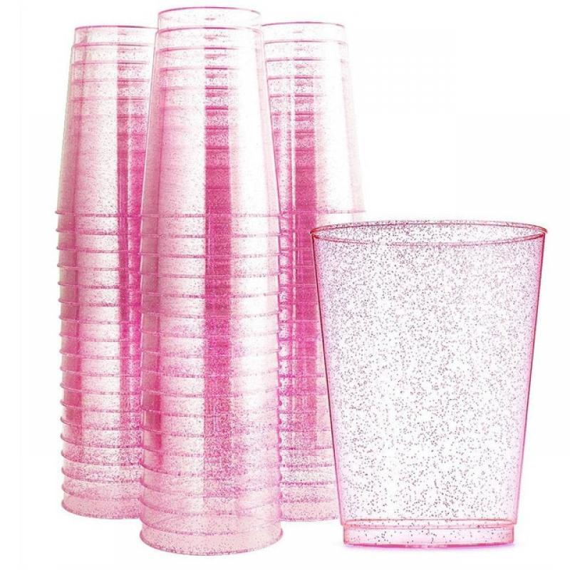 12 oz Disposable Cup Transparent Golden Pink Glitter Plastic Retro Glass Wedding Banquet Birthday Party Tableware Supplies