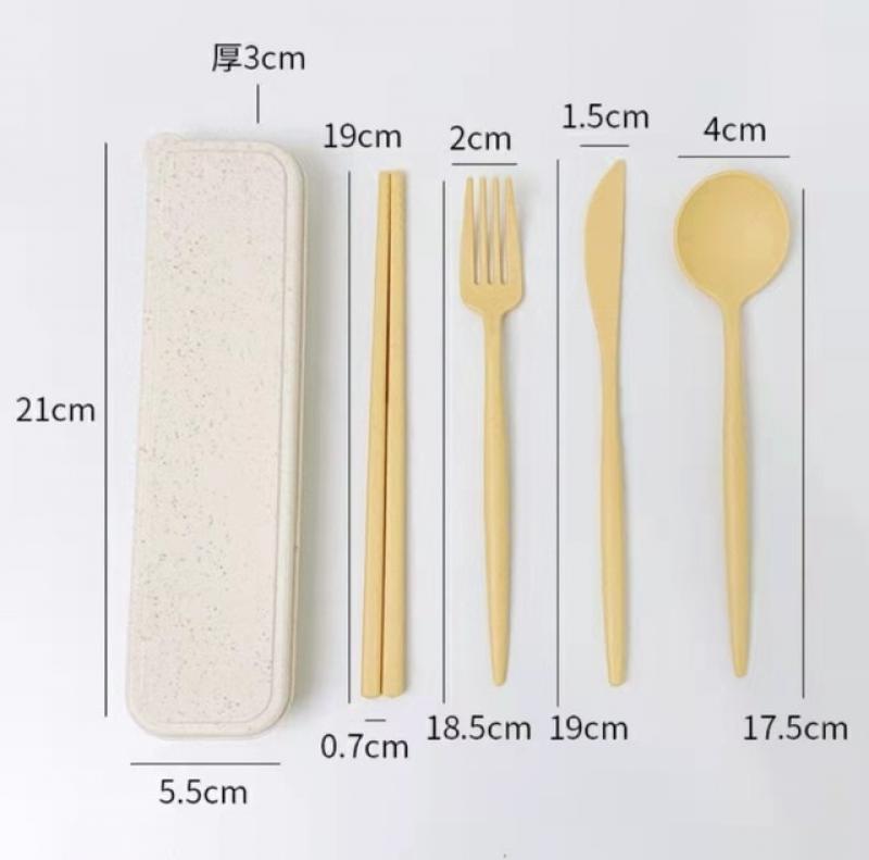 4PCS/Set Cutlery Wheat Straw Spoon Fork Chopsticks With Box Students Tableware Travel Portable Dinnerware Kitchen Accessories