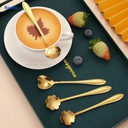 4Pcs Small Flower Teaspoons Set Long Coffee Spoon Cute Ice Cream Dessert Spoon Golden Cutlery Silver Stainless Steel Tableware