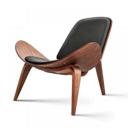 Mid Century Lounge Chair Replica Shell Chair Modern Tripod Lounge Chair 3 Wood Colors With Black Leather Chairs