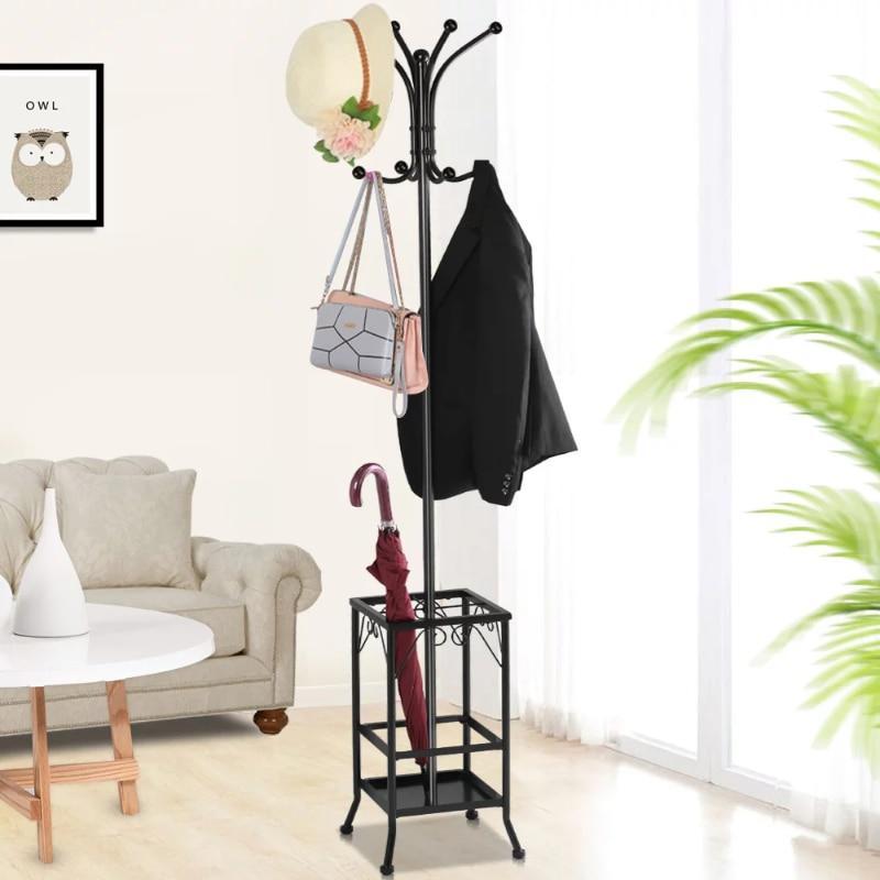 8 Hook Coat Hat Rack/Tree With Umbrella Holder, Black coat rack  clothes rack stand  Living Room Furniture  Home Furniture