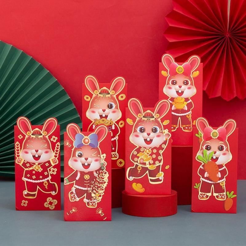 6pcs 2023 Chinese Rabbit Year Red Envelope Cartoon Childrens Gift Money Packing Bag for Wedding Birthday Money Package