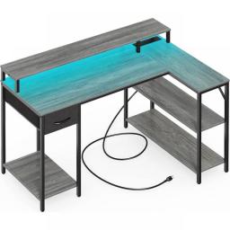L Shaped Gaming Desk With LED Lights & Power Outlets Reversible Computer Desk With Shelves & Drawer Corner Desk Home Office Desk