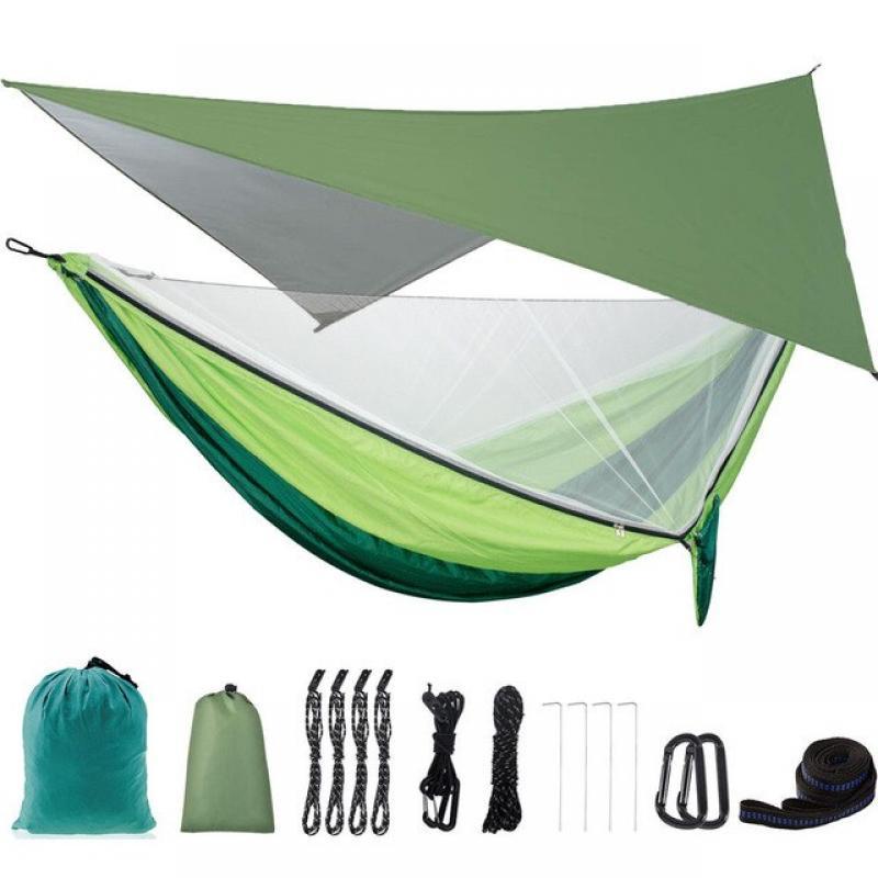 Camping Hammock with Rain Fly Tarp and Mosquito Net Tent Tree Straps Portable Single Double Nylon Parachute Hammock for Travel