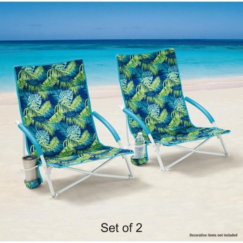 2-Pack Mainstays Folding Low Seat Soft Arm Beach Bag Chair with Carry Bag, Green Palm  foldable chair  foldable chair  recliner