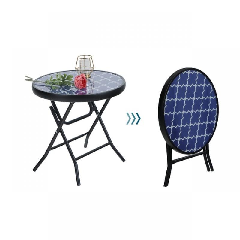 Round Glass Side Table Folding Coffee Tea Table D17.7" Suitable for Porch Garden, Blue