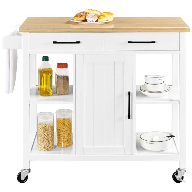 Mobile Kitchen Island Kitchen Cart on Lockable Wheels with Storage, White Kitchen Island Table