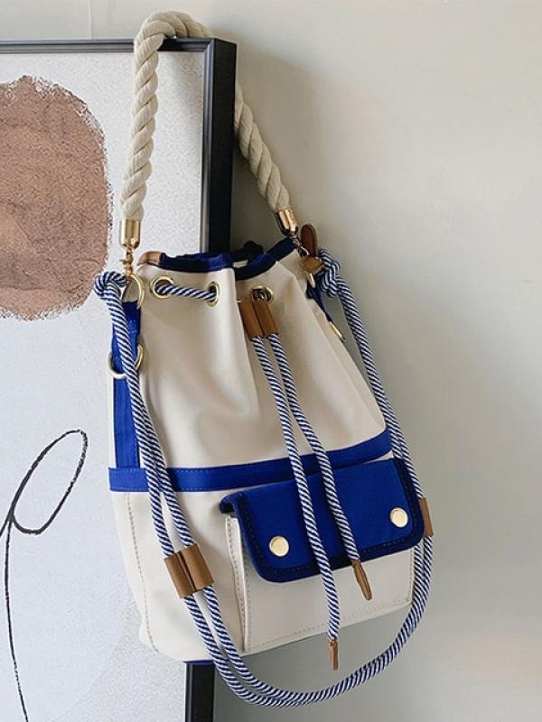 Women Bag Fashion Shoulder Bag Japanes Style Drawstring Bucket Bag Canvas Lady Handbag Messenger Bag Causal Crossbody Pack Retro