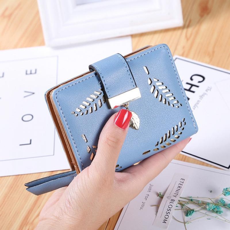 Women's Hollow Golden Leaf Buckle Wallet Female Long Zipper Coin Purses Ladies Multifunction Card Holder Clutch Money Bag