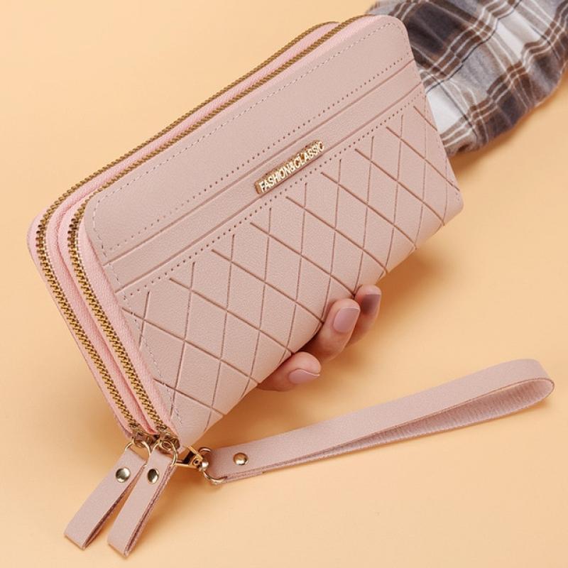Women's Wallets Diamond Pattern Big-capacity Korean Version Card Holders Double Zippers Money Clip Coin Purses Multi-card Phone
