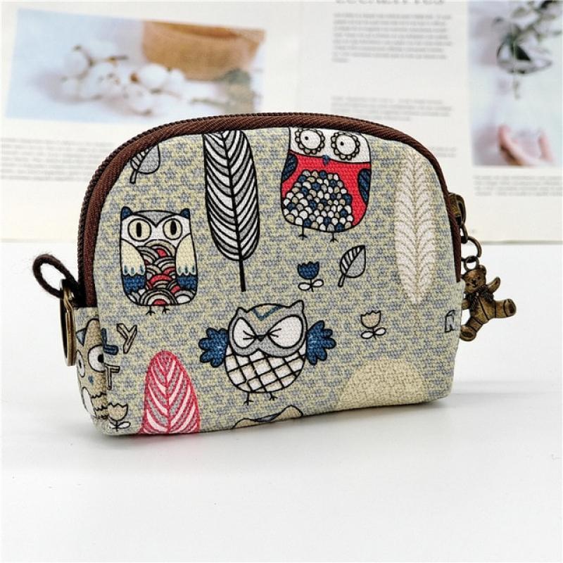 Women's Canvas Cartoon Prints Keychain Wallet Small Card Organizer Key Pouch Ladies Money Bag Coin Purse for Children Girls Boys