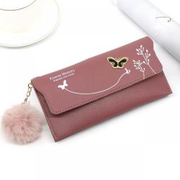 New Women Long Butterfly Wallets Pure Color Wool Ball Fashion Clutch Bag Female Three Fold Card Holder Coin Purse