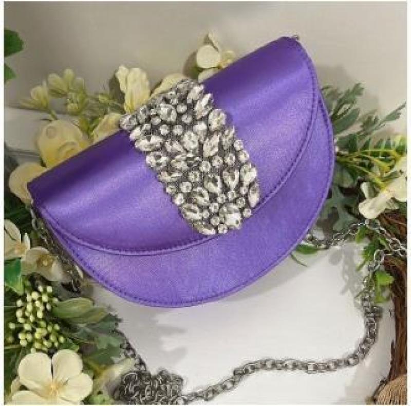 Shiny Rhinestone Half Round Satin Bags Women Elegant Boutique Metal Ring Handle Evening Clutch Purses And Handbags Wedding Party
