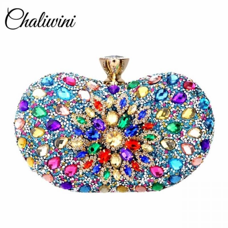 Chaliwini Evening Diamond Two Side Floral Woman Clutch Bag Multi Crystal Sling Package Wedding Purse Matching Wallet Handbags