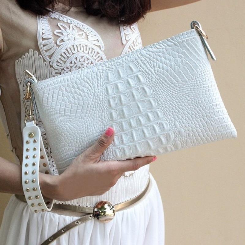 luxurious White/Gold Envelope Bag Crocodile Pattern Genuine Leather Messenger Women Bags Crossbody bag Handbag day clutch bag