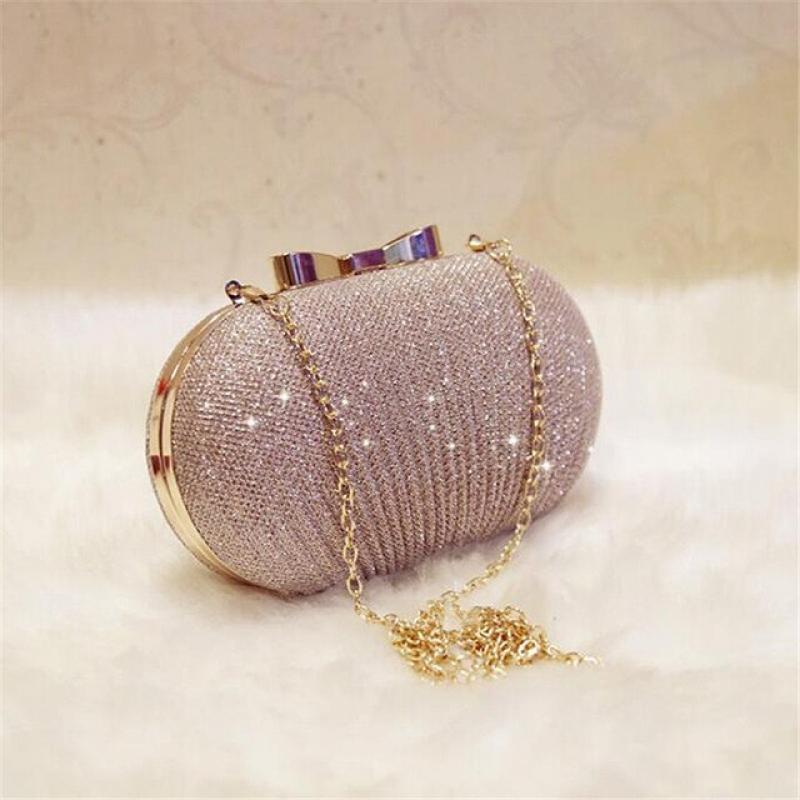 Women Evening Clutch Bling Bag Wedding Bridal Party Shiny Handbag Metal Bow Clutches Bag Chain Shoulder Bag Daily Accessori