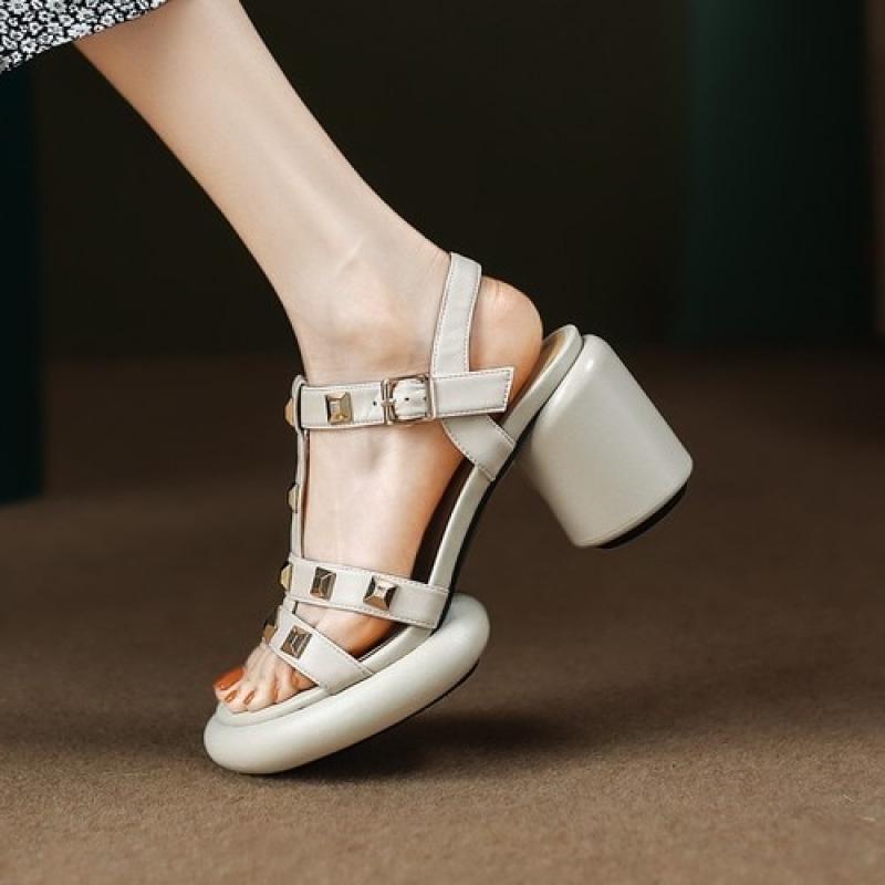 Summer New Genuine Leather Thick Heel Open Toe Rivet Sandals Women's Summer High Heel Waterproof Platform Roman Women's Shoes