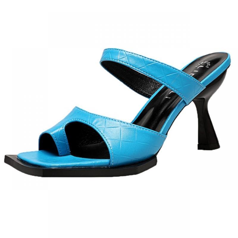 Blue Square Head Ring Toe Slippers Women Brand Designer Stiletto High Heels Sandals Woman Summer 2023 Fashion Pu Leather Slides