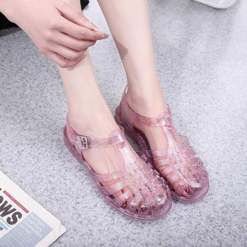 Comemore Bling Waterproof Transparent Jelly Sandals Women Summer Shoes Woman Cover Toe Flat Hollow Out Sandale PVC Sandalias 40
