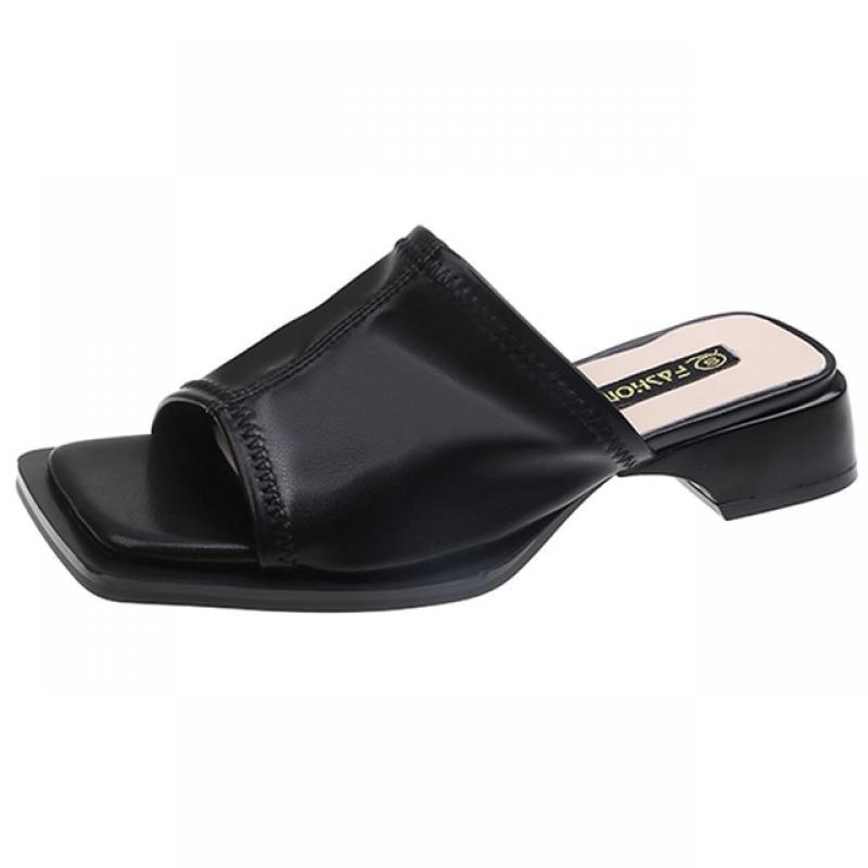 Lucyever Pu Leather Square Toe Slippers Women 2023 Fashion Black Thick Heel Sandals Woman Middle Heels Slide Slipper Size 42