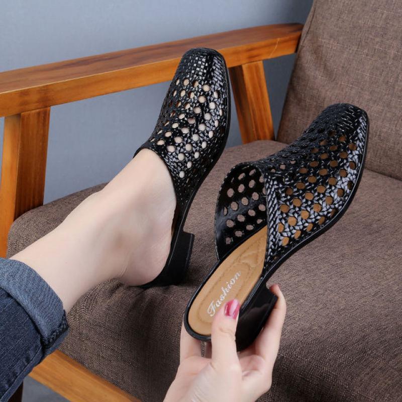 2022 Beach Shoes Slippers,Soft Women Sandals,Hollow Out Summer Mid Heels,Korea Style Slides,Footwear,BLACK,APRICOT,RED,Dropship