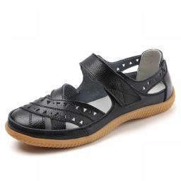 WOIZGIC Female Women Mother Genuine Leather Hollow White Shoes Sandals Flats Loafers Summer Cool Beach Plus Size 41 42