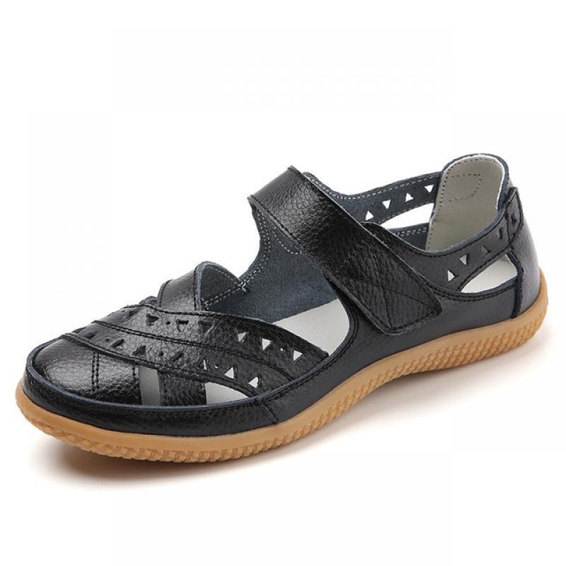 WOIZGIC Female Women Mother Genuine Leather Hollow White Shoes Sandals Flats Loafers Summer Cool Beach Plus Size 41 42