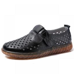 WOIZGIC Women's Mother Female Genuine Leather White Shoes Sandals Loafers Moccasins Hook Loop Outdoor Cool Beach Summer Hollow
