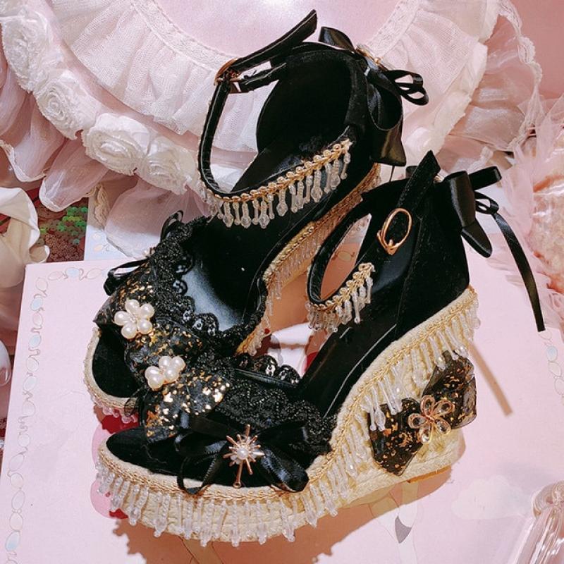 CYJSYQFC Handmade Lace Suede Leather Ankle Buckle Strap Platform Women Sandals Pearl Bow-knot Sequins Tassels Wedge Pumps Shoes