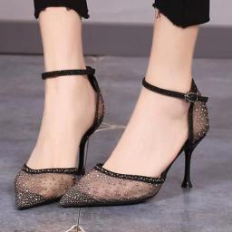 Lucyever Sexy Black Mesh High Heels Shoes Women Summer 2022 Pointed Toe Crystal Pumps Woman Shiny Ankle Strap Party Shoes Ladies