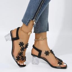 2023 Summer New High-heeled Sandals For Women's Fashion Flowers Decoration Elastic Band Transparent Square Heel Ladies Shoes
