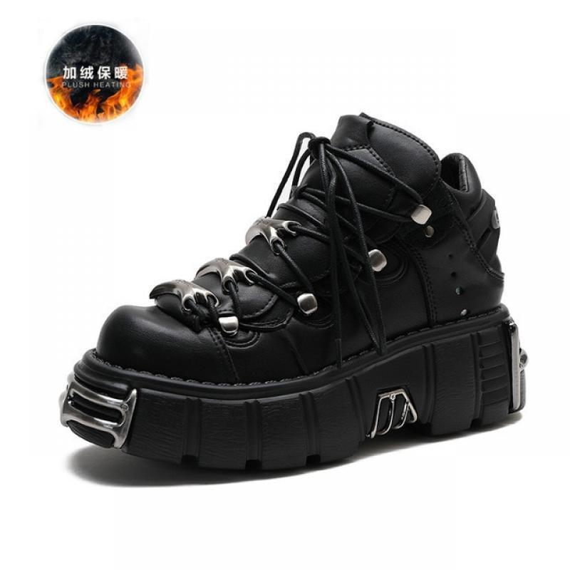 CYJSYQFC Metal Decor Platform Women Sneakers Punk Goth Style Round Toe Lace Up Creepers Lady Boots Chunky Heels Motorcycle Boots