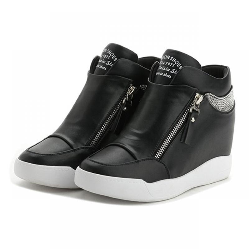CYJSYQFC New Women Wedges Sneakers Side Zipper Thick Bottom Internal Increase White Shoes Sequins Flat Platform Vulcanized shoes