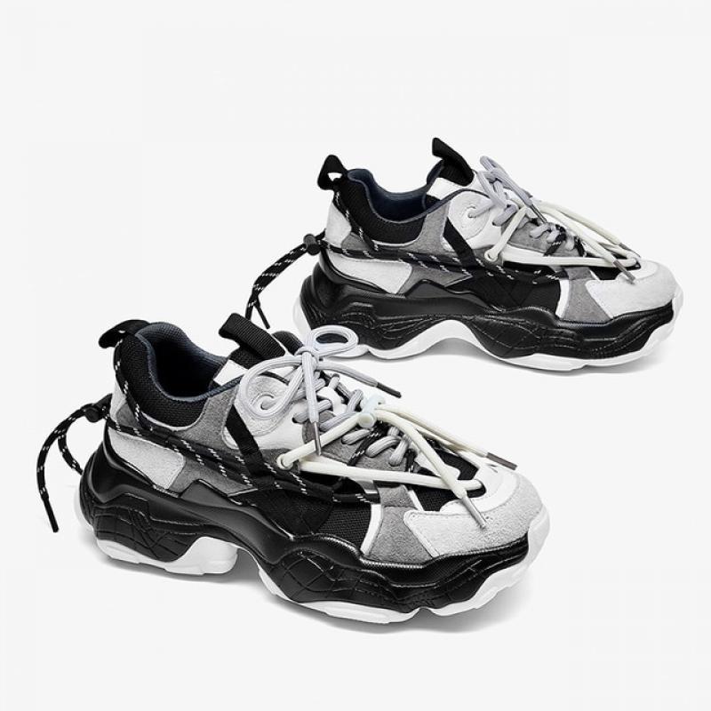 CYJSYQFC Chunky Sneakers Women Mesh Leather Patchwork Double Platform Shoes 2021 Autumn Newest Cross Tied Woman Flat Sneakers