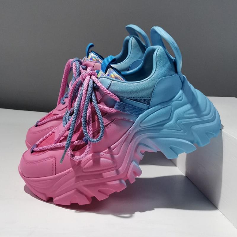 CYJSYQFC New Women Chunky Sneakers Web Celebrity Genuine Leather Gradient Color Lace Up Thick Sole Ladies Casual Vulcanize Shoes