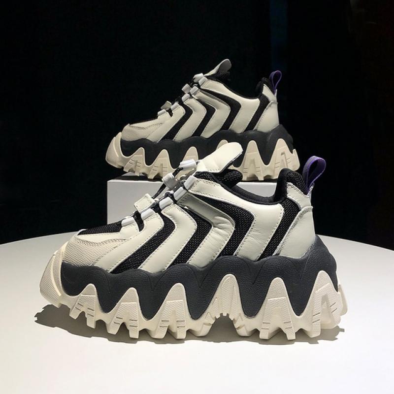 CYJSYQFC Ins Hot 2021 Sneakers Women Curved Thick Bottom Shoes Retro Incresing Daddy Shoes Black White Lace Up Platform Sneakers