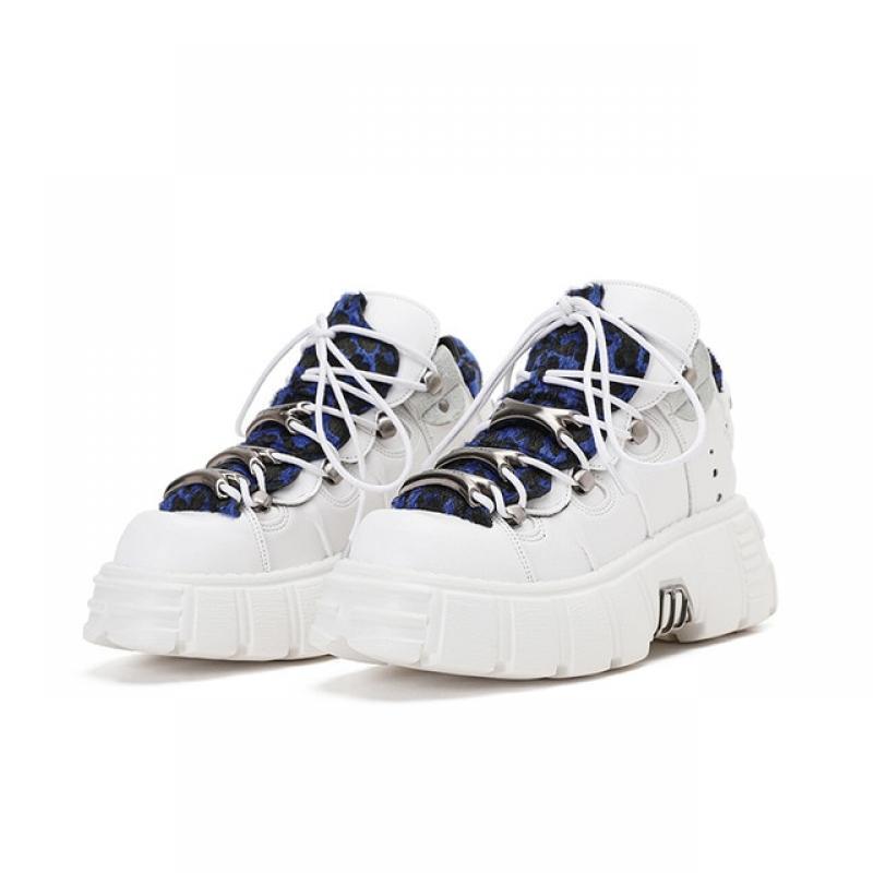 CYJSYQFC Punk Style Women Sneakers Lace-up 5CM Platform Shoes Woman Creepers Female Casual Flats Metal Decor White Blue Boots