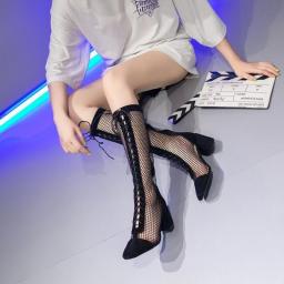Summer Roman Lace Up Shoes Women Sandals Sexy Mesh Cut-Outs Pointed Toe High Heels Woman Black Kid Suede Ladies Long Short Boots