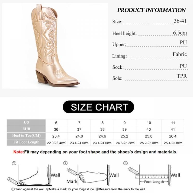 GMQM Brand Fashion Women Westem Cowboy Boots Mid-Calf Boots Dropship Lady New 2022 Autumn Winter Metalic Sexy Pumps High Heels