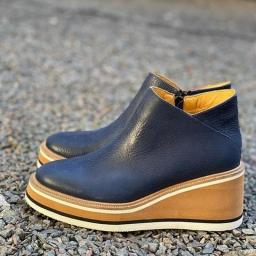 Wedges Women's Boots Retro Female Ankle Boots Trend Round Toe Platform Booties Comfortable Zipper Leather Shoes For Women Heeled